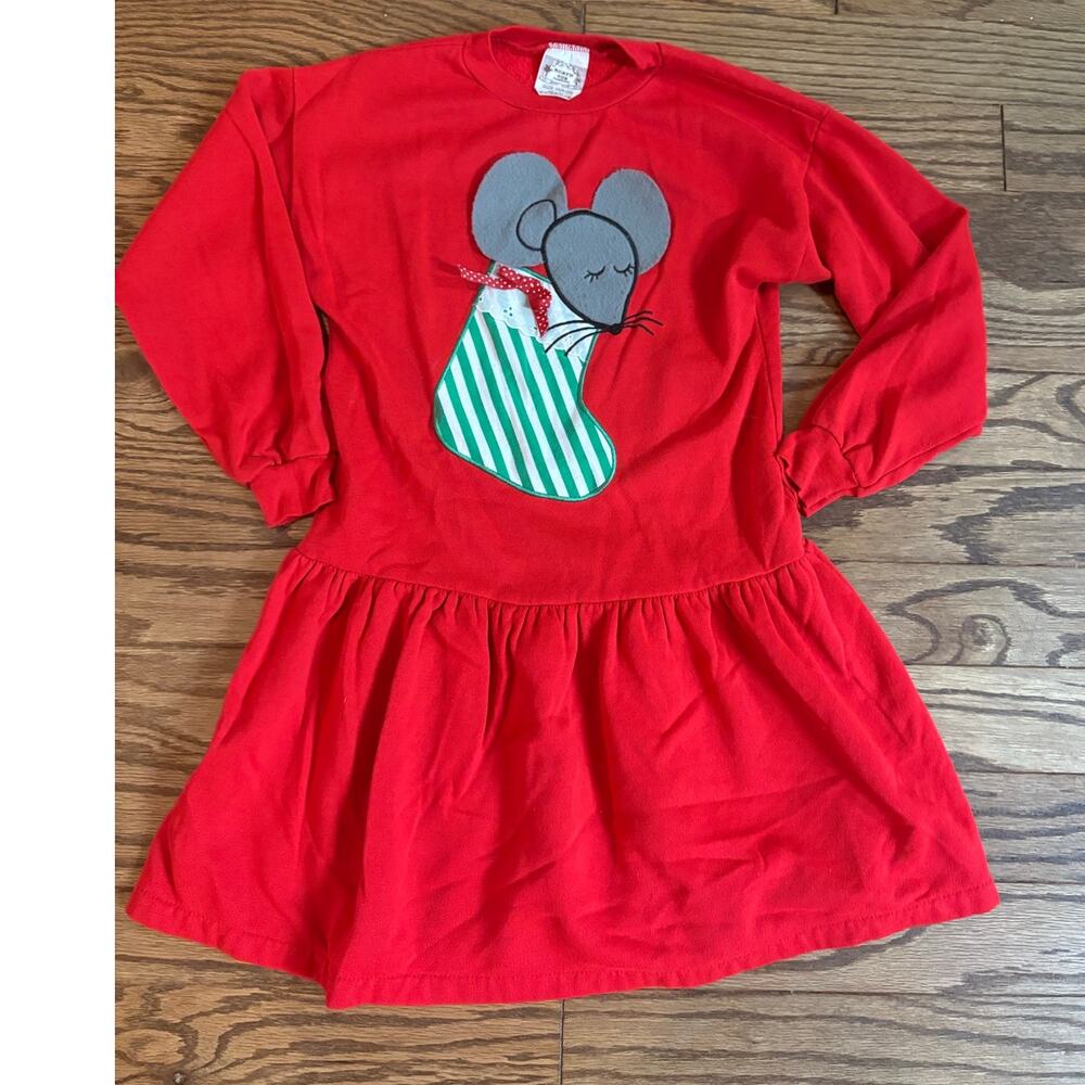 Robyn Sue‎ Fashions Girls Medium Vintage Mouse Stocking Christmas Applique Dress